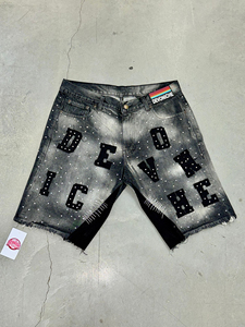 Hot Sale Custom Men's 100% Denim Shorts Rhinestone pant Summer jeans Diamond Crystal Side <b>Strip</b> Washed Denim Shorts for Men - Product Image 3