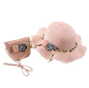 Cappello per bambini in paglia protezione solare parasole fiore erba sabbia spiaggia borsa per ragazze carino estate cartone animato morbido cappello per bambini