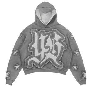 2025 conjuntos de hombres de retazos ropa de calle personalizada chándales para hombres apliques personalizados parche bordado desgastado chándal de lavado de piedra - Product Image 1