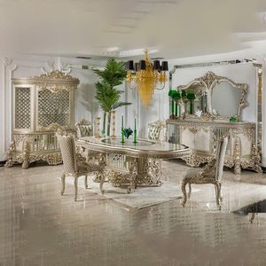 Juego de Comedor de Lujo Prestige The Langham, Tallado a Mano en Madera de Teca, Blanco y Dorado, Colección de Muebles Clásicos de Palacio Europeo para Hotel - Product Image 1