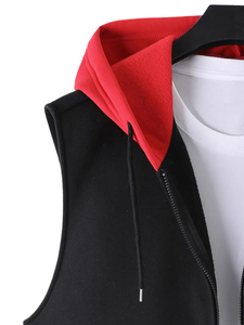 <b>Men's</b> Hooded Sleeveless <b>Vest</b> Solid Color Zipper Front Pocket Casual Outerwear Autumn Wear <b>Black</b> with Red Hood - Product Image 4