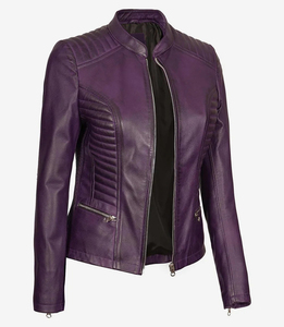แจ็กเก็ตหนังสำหรับผู้หญิงแบบคลาสสิกสีม่วงมีซิปด้านหน้าสำหรับนักขี่จักรยาน - Product Image 2