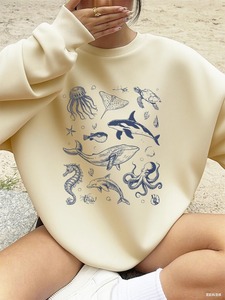 Baleine et requin imprime sweat femmes hiver polaire sweat à capuche chaud col rond pull ample basiques sport femme vêtements - Product Image 5
