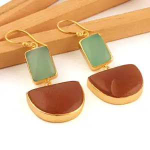 Excellent quality aqua chalcedony peach moonstone gold plated drop dangle earring fantastic look fashion girls earring jewelry