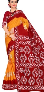 Pure Cotton Hand Blocked Batik <b>Saree</b> with Floral and Geometrical Style in Light Medium and Dark Colors for Women - Product Image 2