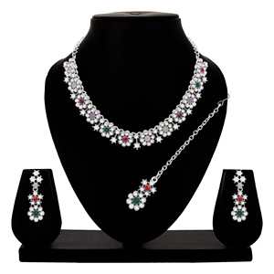Austrian Stone Colorstone Necklace Set Floral <b>Wedding</b> and Party Wear Silver Plated Alloy Jewelry for Anniversary <b>Gift</b> Her - Product Image 1