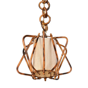 Lustre français du milieu du siècle pendentif lumière canne rotin abat-jour avec bambou matériel décoration de la maison - Product Image 1