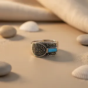 Bague en argent 925 avec grappe de marcassite et pierre turquoise, bijou raffiné avec rhodium, cadeau pour elle - Product Image 2
