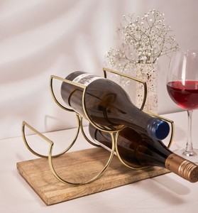 Metal & Mango Wood Wine Rack 6 Bottle Tabletop Wine Holder Stand for Home Bar & Kitchen Decor with Gold Finish - Product Image 2