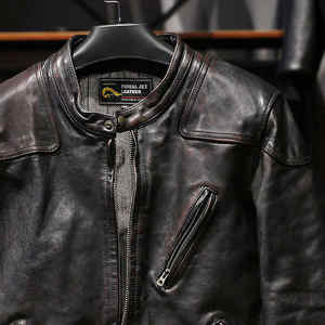 Chaqueta de moto de cuero de caballo con patrón sólido personalizado para hombre, cuello levantado, piel de oveja genuina con pliegues, teñido liso - Product Image 4