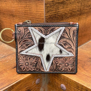 Porte-cartes de crédit en cuir de fourrure de vachette usiné à la main de style occidental Porte-cartes en cuir de bohème à usage quotidien sculpté à motifs floraux Porte-monnaie - Product Image 2