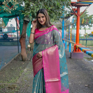 Hilo de seda de diseñador, tejido a mano, suave, con todo el trabajo, contraste, diseñador de borde, moda de fiesta - Product Image 1