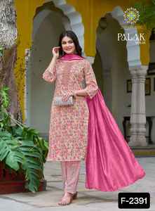 Vêtements ethniques indiens Capsule droite impression Kurti avec Pent et Dupatta fantaisie broderie travail et Jacquerd Dupatta ensemble pour les femmes - Product Image 6