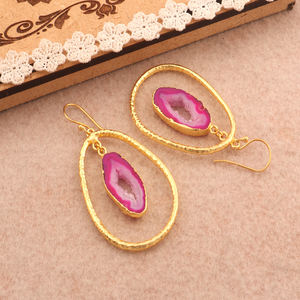 โกศสีม่วงธรรมชาติอาเกตชิ้นดรูซี่พร้อมต่างหูแขวนแบบมีสายตอกทองเหลืองแข็งชุบทองปาร์ตี้สวมต่างหูห้อย - Product Image 3