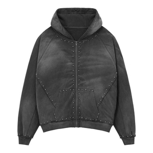 Sudadera con capucha de forro polar grueso para hombre, corte holgado, lavado ácido, con cremallera y pedrería, estilo streetwear, bordada para invierno, personalizada OEM - Product Image 1