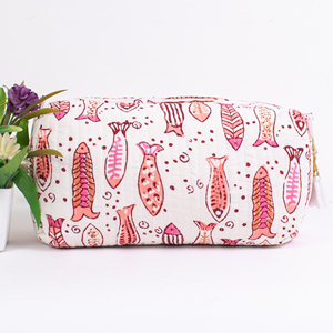 White Cotton Fish Block Printed Cosmetic Organizer Indian Quilted Waterproof Zipper <b>Make</b> <b>up</b> Tool Bag Set With Tassel Wholesale - Product Image 5
