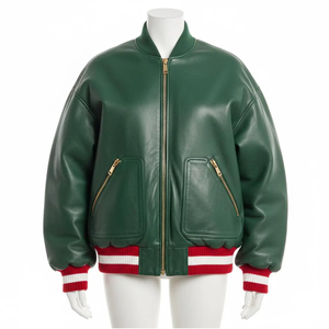 Chaqueta de Motociclista de Piel de Oveja Verde para Mujer con Cuello de Piel Roja - Product Image 5