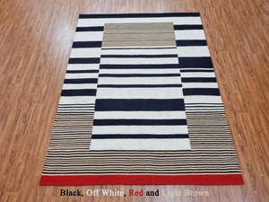 Tapis moderne tissé à la main à rayures noires Tapis moderne Kilim en laine pour salon chambre à coucher - Product Image 6