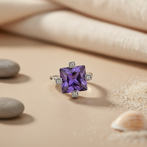 ต่างหูแบบหนีบสำหรับผู้หญิง แหวนเงินประดับพลอยสี่เหลี่ยมอเมทิสต์ เครื่องประดับอัญมณ์ - Product Image 1