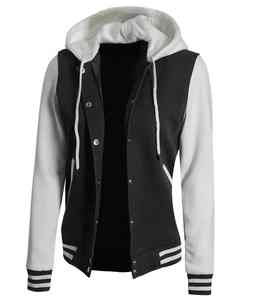 Women's Black White Baseball Varsity Jackets Hooded Neck <b>Button</b> Closure Casual Outer Streetwear with Cotton Filling for Winter - Product Image 3