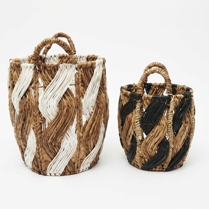 Natural Banana Bark Recycled <b>Plastic</b> <b>Basket</b> Set Spiral Wave Twist Open Lattice Arch Handle Pot Planter Decor Setup Pure Art Room - Product Image 1