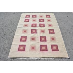 Tapis vintage 4,4 x 6,1 pieds, tapis turc en laine blanc et rose à pois - Product Image 1