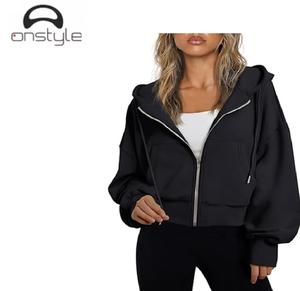 Onstyle <b>Sports</b> <b>women</b> stylish hoodie cropped fit <b>long</b> <b>sleeve</b> zip up front soft casual fabric hooded <b>top</b> for streetwear - Product Image 1