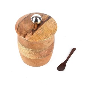 Wooden Salt Box Box With Lid & Wooden Spoon Round Salt Container Bowl Pot <b>Jar</b> <b>Spice</b> <b>Jar</b> Tea <b>Jar</b> Pure Wood for Dinning - Product Image 2