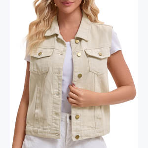Gilet en jean ample pour femmes, col rabattu, bouton unique, sans manches, respirant, couleur unie, gilet en jean uni - Product Image 1