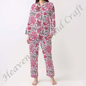 Ensemble de pyjama pour femmes 100% coton, vêtements de maison doux, ensemble de pyjama printemps/été, motif floral/CHARACTERE/Lettre/Motif/Vacances/Arbre, PJ017 - Product Image 5