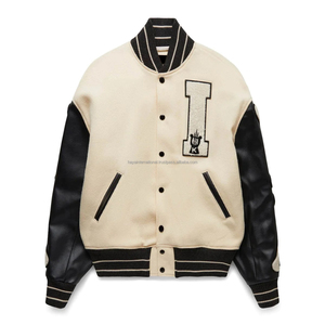 OEM Custom Men's Varsity Jacket Red and <b>White</b> with Stand Collar Embroidery Front Logo-<b>Wool</b>/Polyester Shell - Product Image 1