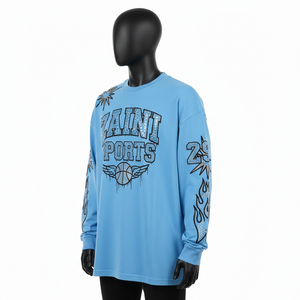 Camiseta de Manga Larga de Algodón Jersey de Alta Calidad, Sensación Suave, Azul Cielo, Impresión Personalizada con Logotipo de Pedrería para Hombre - Product Image 4