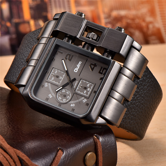 OULM 3364 Top Brand Original Rectangle Unique Design Watches Men Wrist Watch Wide Dial Leather Strap Watches