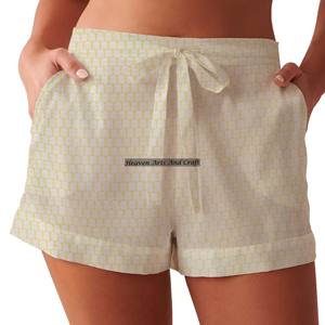 Shorts décontractés à cordon de serrage, coupe régulière, vêtements de détente pour femmes, shorts en coton à imprimé bloc, collection plage, style baby doll - Product Image 6