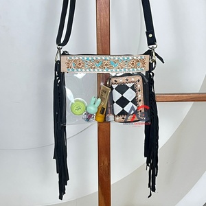 Sac à bandoulière pour femme avec franges, en cuir véritable travaillé à la main, sangle réglable, fermeture éclair, style vintage western bohème, sac à main transparent - Product Image 1