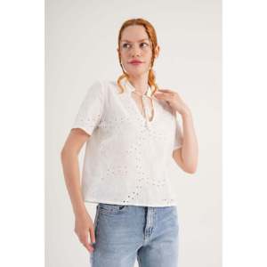 Blusa de Manga Corta con Cordones y Borlas de Guipur para Mujer, Marca Lustrin, Blusa Informal de Mezcla de Poliéster y Algodón Blanca para Verano - Product Image 2