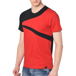 T-shirt décontracté en maille à manches courtes pour homme, col rond, coupe classique, design uni, blocs de couleur noir et rouge, avec bordure contrastante - Product Image 4