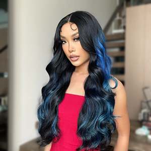 DWY 26-Inch Long <b>Black</b> Wavy <b>Wig</b> with Blue Highlights Synthetic Heat-Resistant Curly Daily Wear for Parties Transparent Lace - Product Image 6