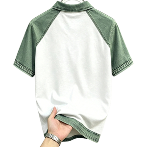 Polo en coton pour homme, blanc et vert contrasté, avec poche, manches courtes, coupe classique, décontracté, respirant, tricoté, idéal pour le golf et l'été - Product Image 2