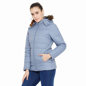 Women's Light Blue Quilted Puffer <b>Jacket</b> With Fur Trim Hood Full Sleeve Winter Coat Regular Length Zipper Closure - Product Image 3
