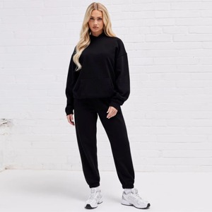 100% coton goutte épaule coupe décontractée deux pièces capuche établi décontracté noir femmes survêtement - Product Image 6