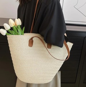 Sac fourre-tout en paille tressée : poignées en cuir, grand sac de plage - Product Image 4