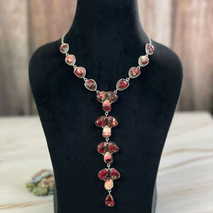 Collar Hecho a Mano de Plata Esterlina Rosa Roja Dalia Turquesa Floral y Piedras Preciosas Joyería Llamativa - Product Image 1