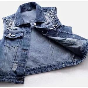 Nouvelle pierre imprimé à capuche Jeans veste personnaliser élégant sans manches femme veste coton respirant lavé Denim veste - Product Image 2