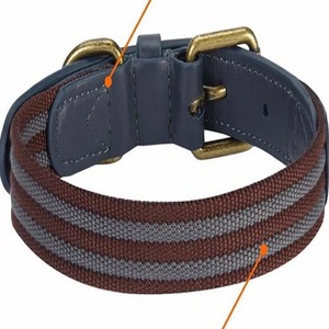 Correa de poliéster de buena calidad, collar de perro cosido de cuero genuino en todos los tamaños personalizados con hebilla de rodillo de acabado de latón sólido - Product Image 2