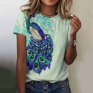 Imprimé à manches courtes t-shirt femmes haut vêtements pour femmes vêtements décontractés blouse paon accrocheur - Product Image 3