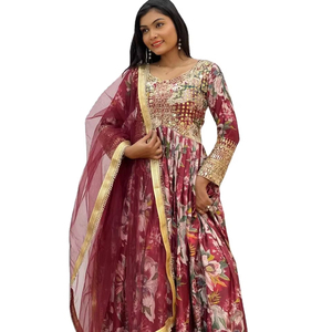 Alta calidad Goldan Lace Border Fancy Floral Impreso Tamaño largo Color brillante Patrón de manga completa Vestido anarkali con conjunto Dupatta - Product Image 1