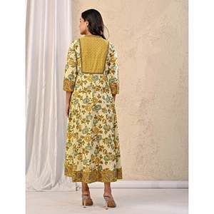 Vestido Largo Estampado Jaal de Algodón Amarillo Crema, Elegante, Talla Única XS, con Mangas Abullonadas, para Fiestas de Cumpleaños, Oficina, Trabajo, Club, Uso Diario - Product Image 3