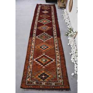 2.6x10.4 ft Rug, Vintage Herki Rug, Turkish <b>Brown</b> <b>Wool</b> Ombr Rug - Product Image 1