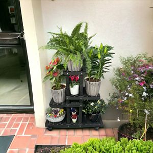 Supporto per piante in legno (pino) colore nero 4 livelli, ruote chiudibili a chiave + Mini Set da giardino + candela profumata con perline 50 cc